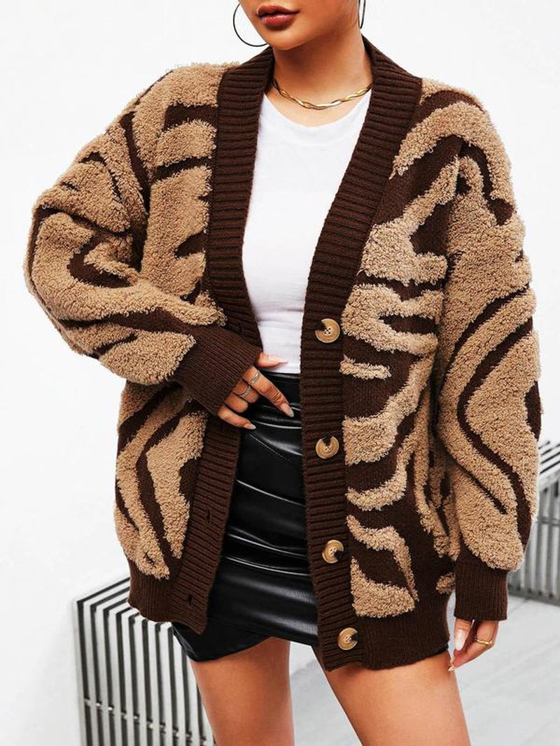 Women'S Zebra Stripe Print Button Front Cardigan, Fall Outfits, Fallfreshness Casual Drop Shoulder Long Sleeve V Neck Knitwear for Fall & Winter, Fashion Women'S Knit Clothing for Daily Wear