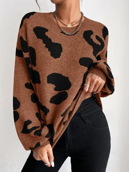 Women'S Leopard Print Drop Shoulder Sweater, Casual Long Sleeve round Neck Jumper for Fall & Winter, Sweaters for Women, Women'S Knitwear for Daily Wear