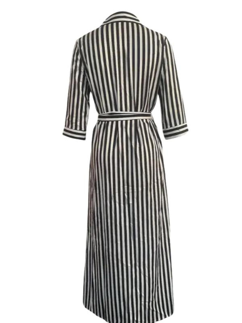 Summer Striped Print Button Front Belted Shirt Dress, Casual Wear Long Sleeve Collared Maxi Dress for Fall, Ladies Clothes Womenswear, Girly Girl Clothes, Vintage Clothing