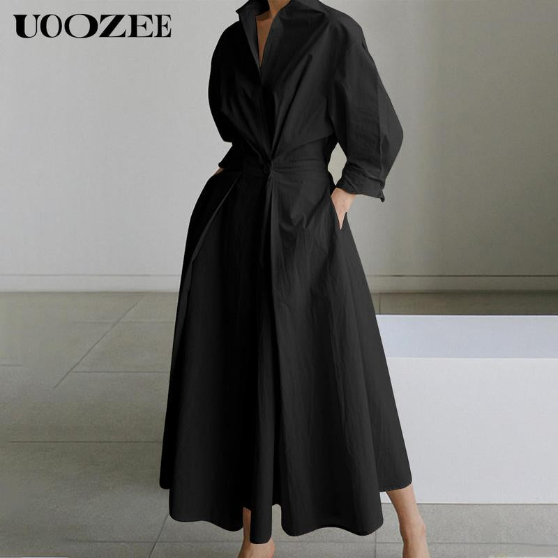 UOOZEE Women'S Long-Sleeved Loose Solid Color Lapel Mid-Length Dress, Waist Design, Comfortable and Elegant, a Must-Have for Commuting and Formal Occasions Casual Womenswear