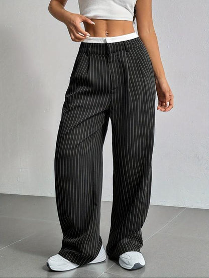 Women'S All over Striped Print Pocket Wide Leg Pants, Casual Comfy Trousers for Spring & Fall, Women'S Bottoms for Daily Wear