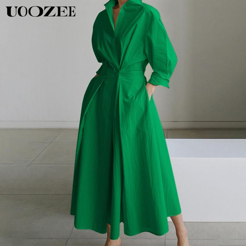 UOOZEE Women'S Long-Sleeved Loose Solid Color Lapel Mid-Length Dress, Waist Design, Comfortable and Elegant, a Must-Have for Commuting and Formal Occasions Casual Womenswear