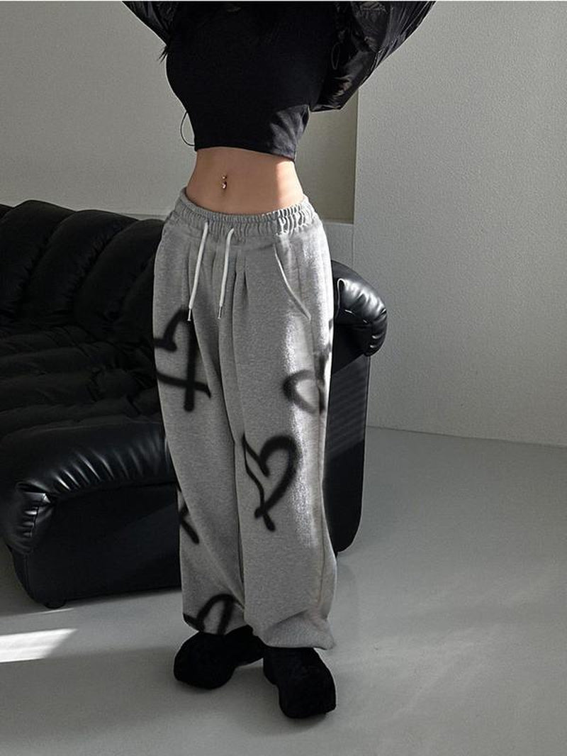 Women'S Heart Print Drawstring Pants, Casual Sporty Wide Leg Pants for Daily Outdoor Wear, Ladies Bottoms for All Seasons