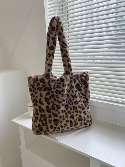 Leopard Pattern Tote Bag for Women, Plush Shoulder Bag for Teen Girl, Women, College Student, Rookies & White-Collar Workers Perfect for Office, Travel, Commute