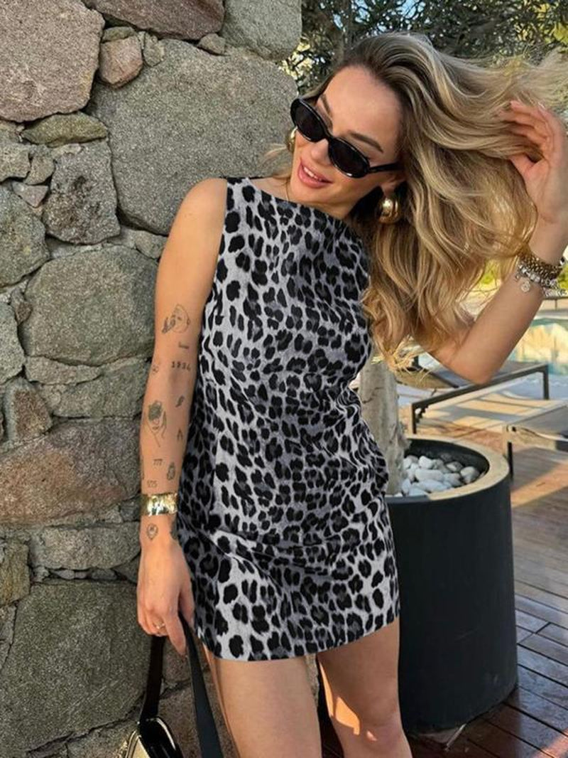 Women'S Leopard Print Boat Neck Bodycon Dress, Casual Sleeveless Mini Dress for Daily Outdoor Wear Back to School, Ladies Summer Casual Wear Clothes, Black Girl Outfits Frat Formal Valentine'S Day, Gift