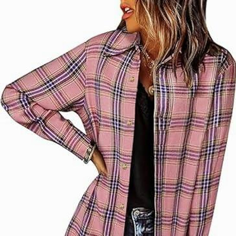 IN'VOLAND Womens plus Size Plaid Flannel Shirt Long Sleeve Button down Blouses Tops Shacket Jackets Coats with Pockets Chic Fashion Lightweight