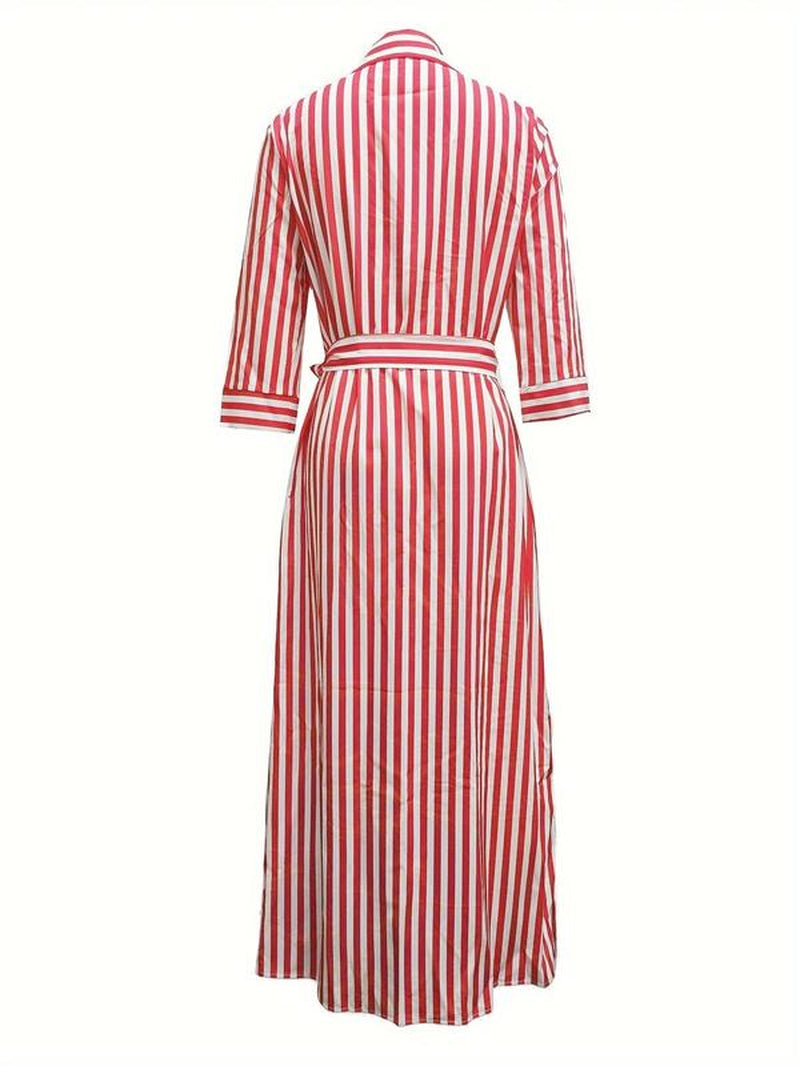 Summer Striped Print Button Front Belted Shirt Dress, Casual Wear Long Sleeve Collared Maxi Dress for Fall, Ladies Clothes Womenswear, Girly Girl Clothes, Vintage Clothing