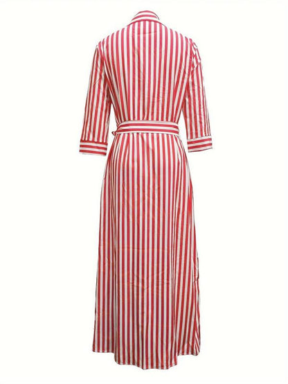 Summer Striped Print Button Front Belted Shirt Dress, Casual Wear Long Sleeve Collared Maxi Dress for Fall, Ladies Clothes Womenswear, Girly Girl Clothes, Vintage Clothing