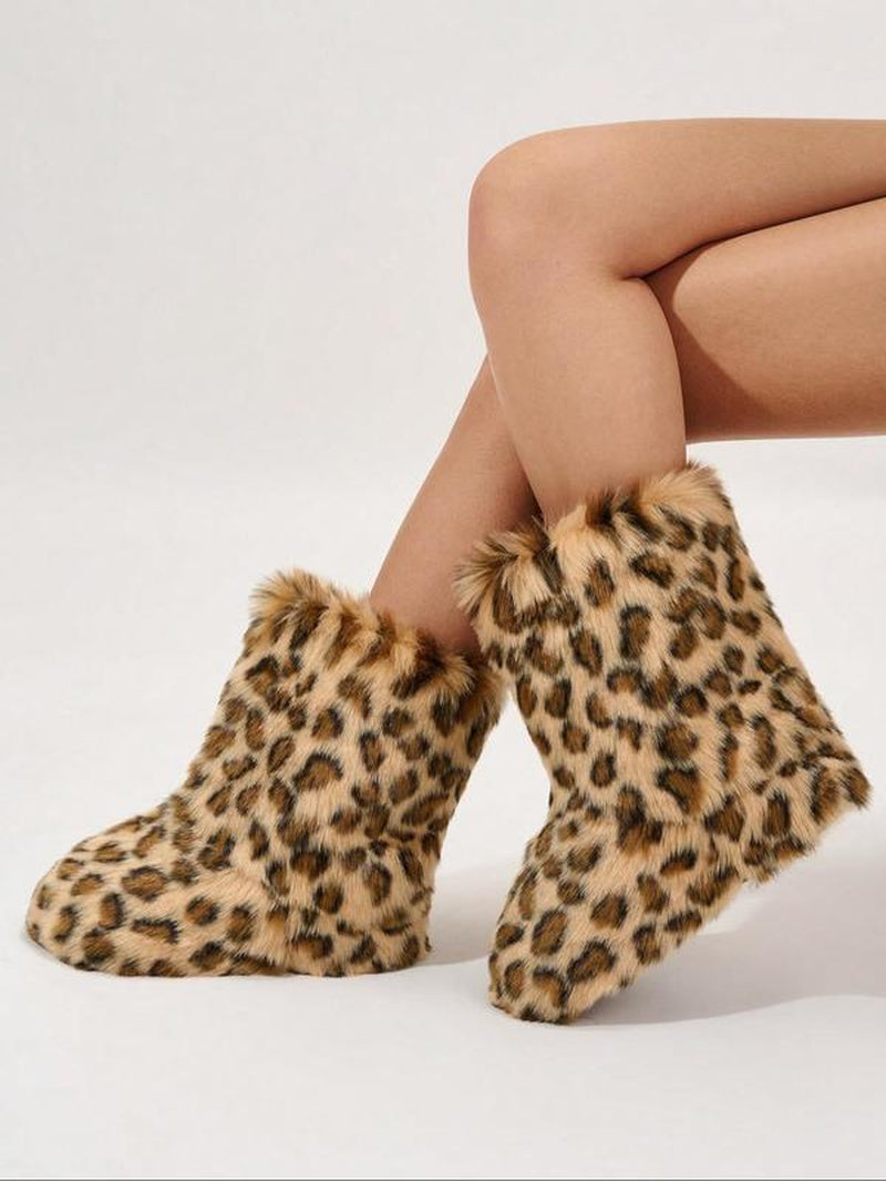 Women'S Leopard Pattern Fluffy Lined Snow Boot, 2024 New Comfortable Warm Fuzzy Boot for Fall & Winter Outfits 2024, Female All-Match round Toe, Winter Shoes for Daily Wear Winter Shoes Boot for Women