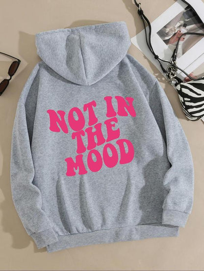 Women'S "Not in the Mood" Letter Print Drop Shoulder Graphic Hoodie, Drawstring Longsleeves Hooded Sweatshirt for Daily Wear, Essential Hoodies, Mean Girls Outfit, Graphic Hoodie, Fall Outfits 2024, Women'S Back to School Clothing for Spring & Fall