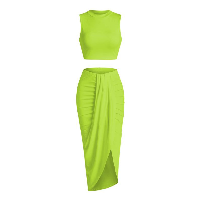 Women'S Casual Sleeveless Summer Two Piece Outfits Crop Top and Side Split Draped Ruched Maxi Skirt Set Solid Suiting Womenswear Overalls Knit 2Piece