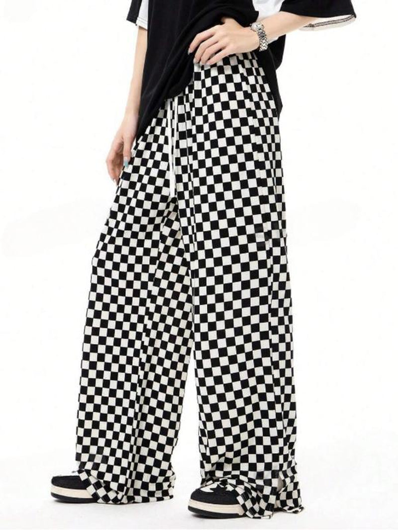 Women'S Plaid Print Drawstring Split Hem Wide Leg Pants, Casual Comfy Trousers for Daily Wear, Baggy Pants, Ladies Bottoms for All Seasons, Preppy 80S Clothes