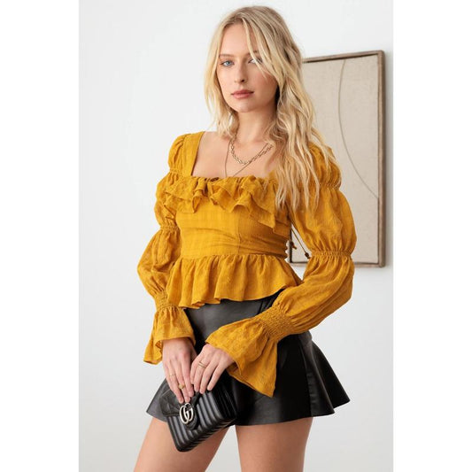 Mustard Seed Boho Shirred Smocked Peplum Long Sleeve Top Shirts Spandex