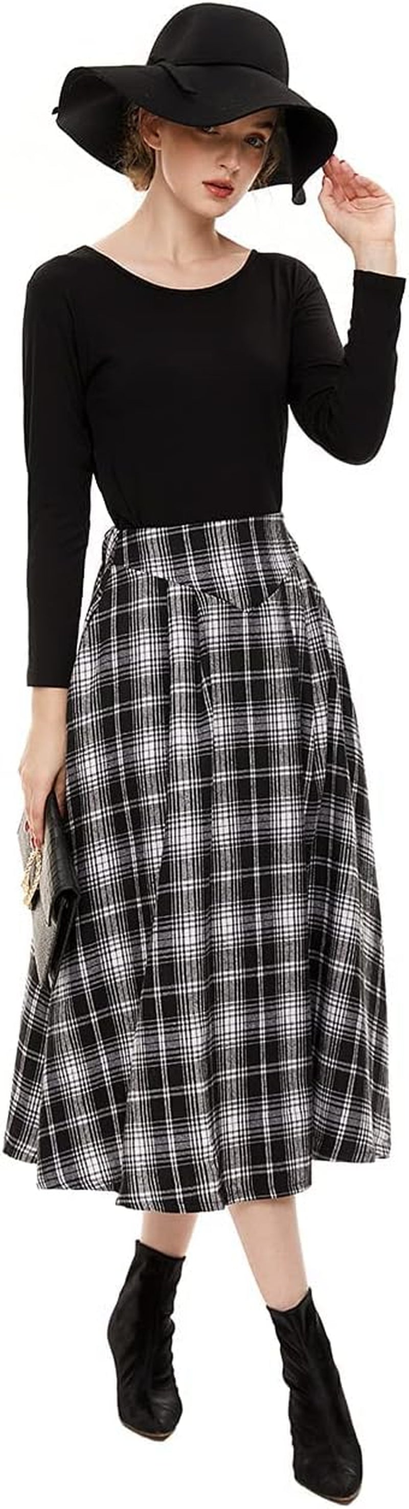 Black and White Pleated Skirt, Fall Midi Skirt, Winter Maxi Skirt, Women'S High Waist Fit and Flare A-Line Swing Skirt for Party Graduation Tea Parties (Black and White, S)