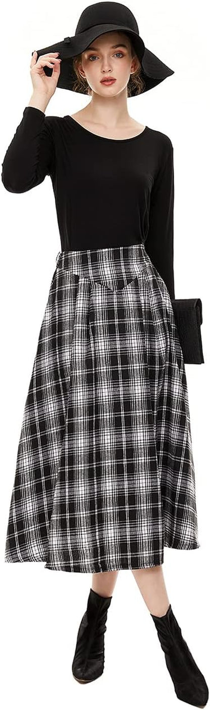 Black and White Pleated Skirt, Fall Midi Skirt, Winter Maxi Skirt, Women'S High Waist Fit and Flare A-Line Swing Skirt for Party Graduation Tea Parties (Black and White, S)