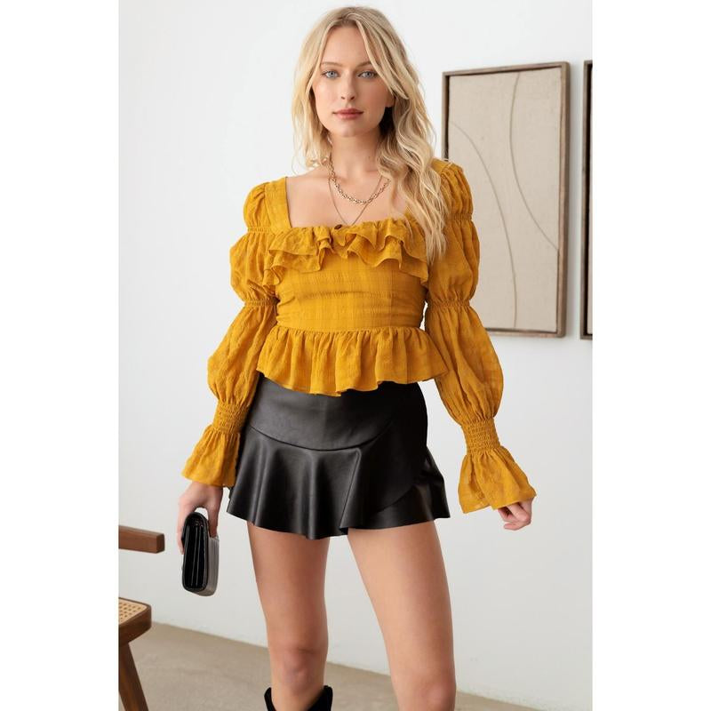 Mustard Seed Boho Shirred Smocked Peplum Long Sleeve Top Shirts Spandex