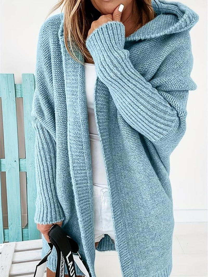 Women'S Chic Plain Blue Knitting Hooded Midi Cardigan Coat, Fashion Cardigan for Women, Lady Casual Relaxed Comfort Fit Comfortable Minimalist Basic Style Long Sleeve Open Front Knitwear for Fall, Lady Minimalist Knitwear