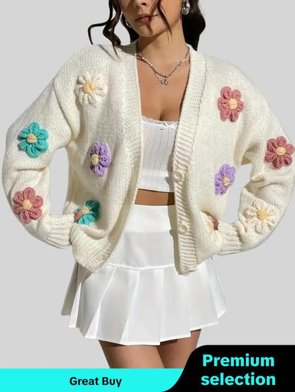 Women'S 3D Floral Appliques Button Front Cardigan, Crochet Cardigan for Women, Fall Clothing Women, Casual Long Sleeve V Neck Knitwear for Fall & Winter, Going Out Top, Ladies Knit Clothing for Daily Wear