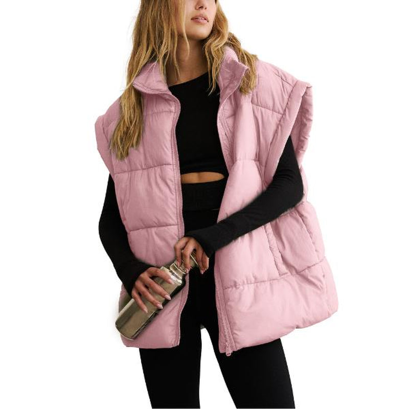 SCUSTY Women Winter Oversized Puffer Vest Insulated Padded Flysleeve Lightweight Stand Collar Puffy Jackets Coat with Pockets