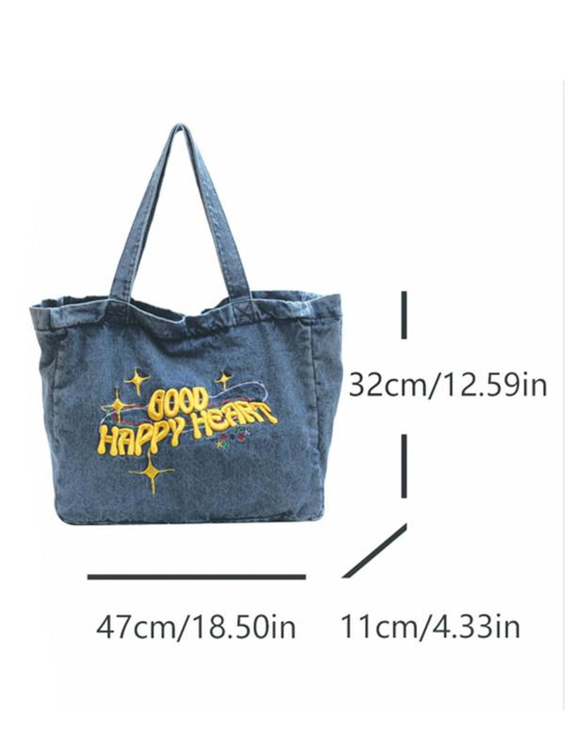 Letter Embroidery Everything Tote Bags for School, Casual Large Shoulder Bag, Trendy Work Bag, Fashionable Plain Tote Bag for Women Summer 2024 Back to School