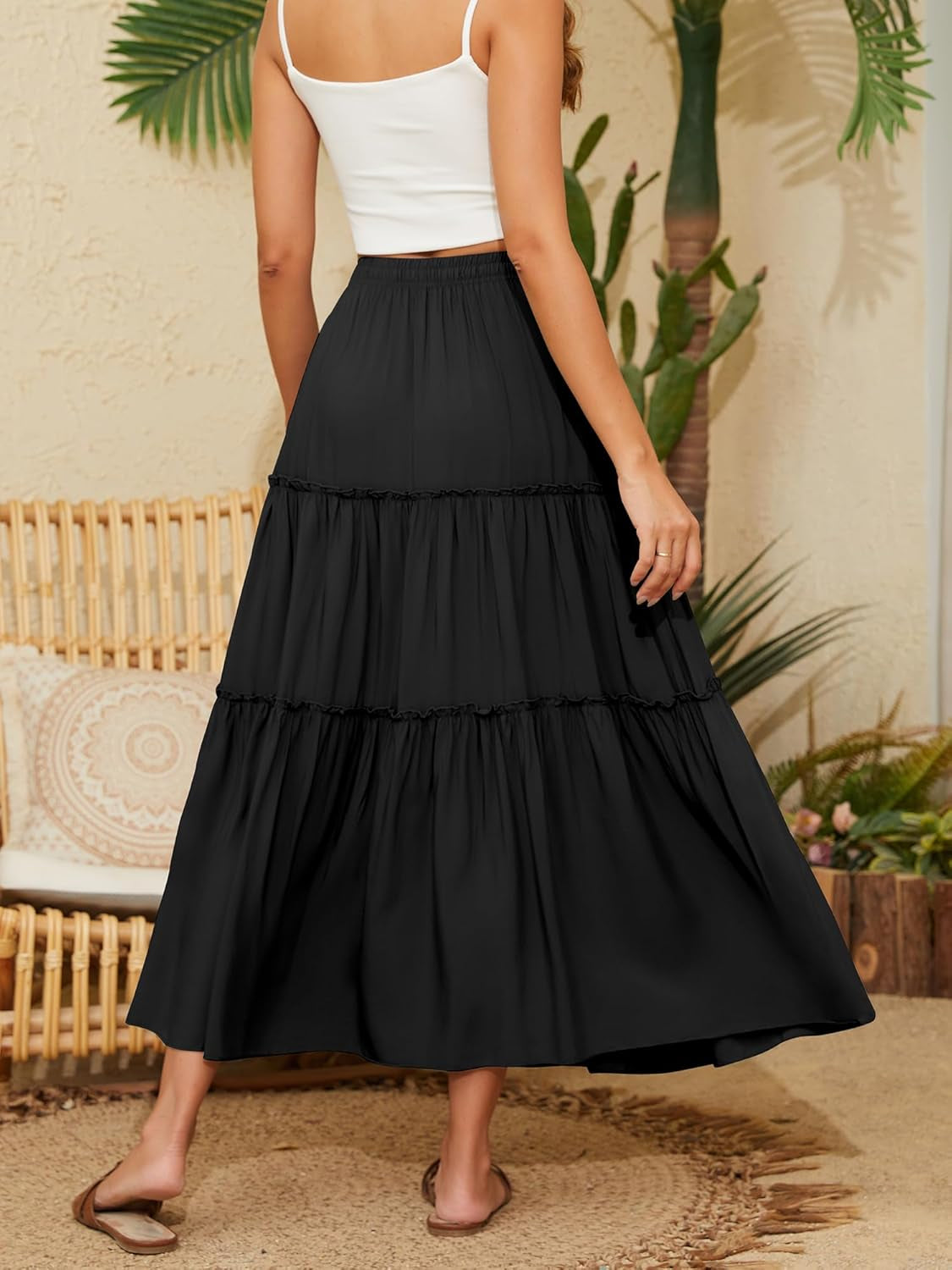 Women'S Skirt High Elastic Waisted Pockets Drawstring Swing Ruched Tiered Maxi Skirt