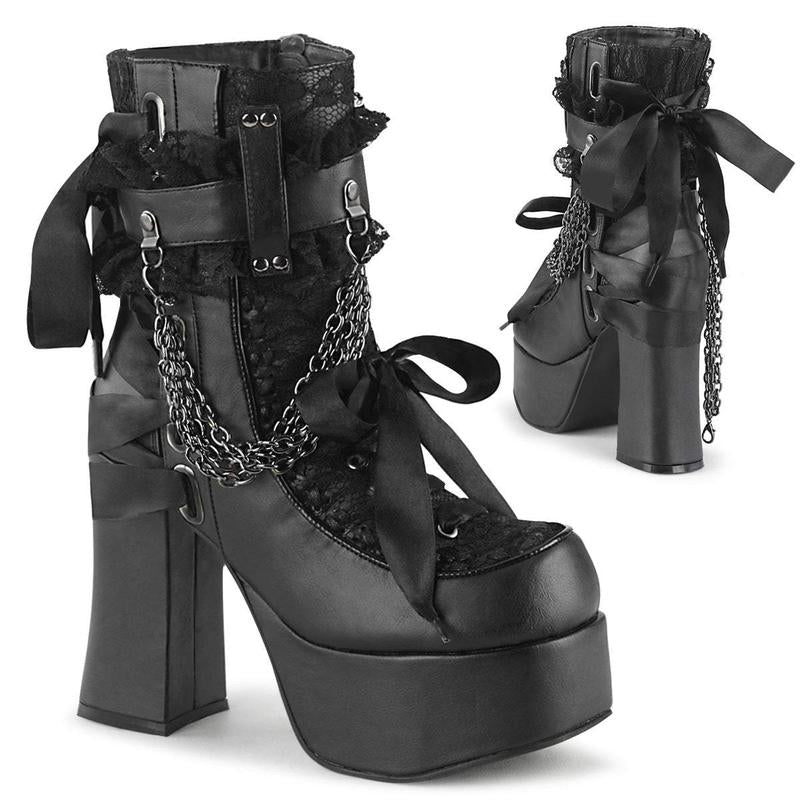 Demonia Charade-110 Black Vegan Leather-Lace Overlay Ankle Boots