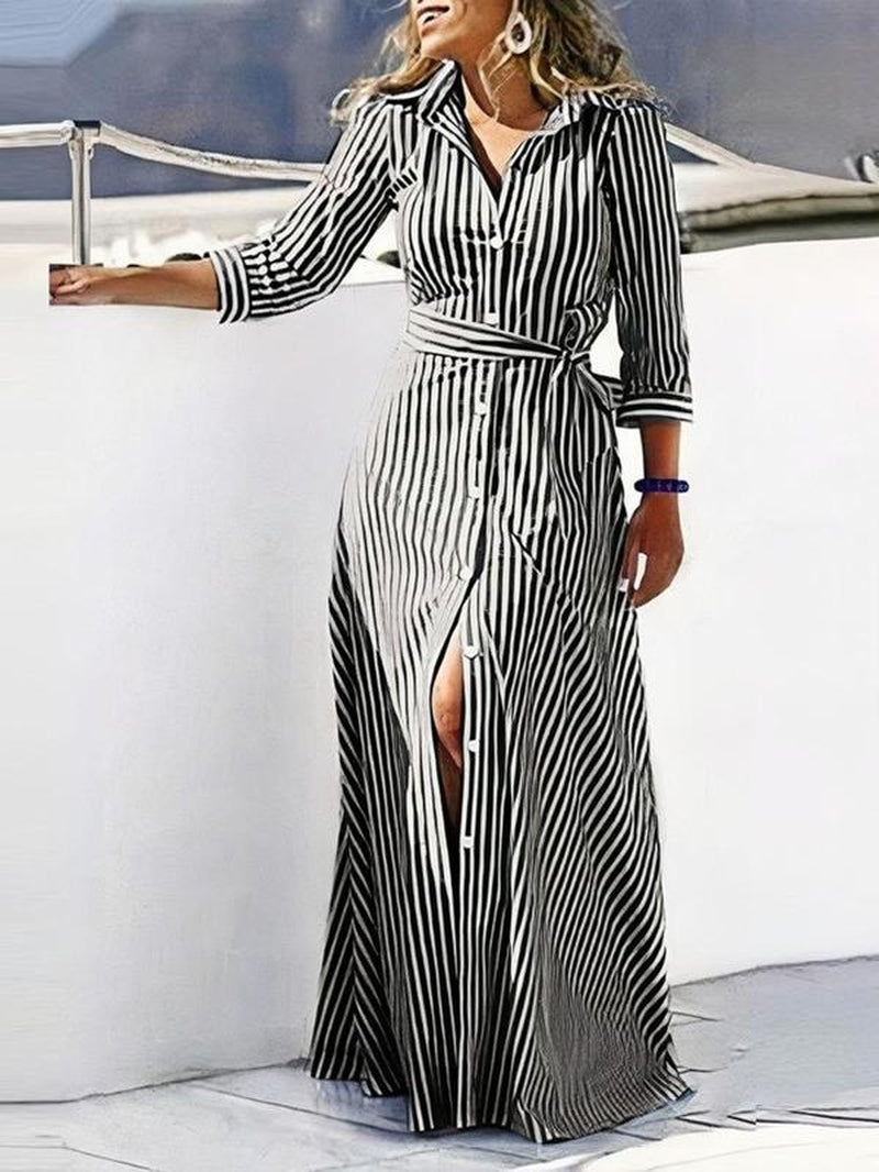 Summer Striped Print Button Front Belted Shirt Dress, Casual Wear Long Sleeve Collared Maxi Dress for Fall, Ladies Clothes Womenswear, Girly Girl Clothes, Vintage Clothing