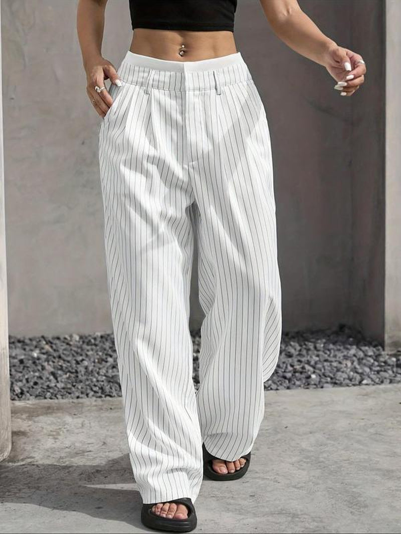 Women'S All over Striped Print Pocket Wide Leg Pants, Casual Comfy Trousers for Spring & Fall, Women'S Bottoms for Daily Wear