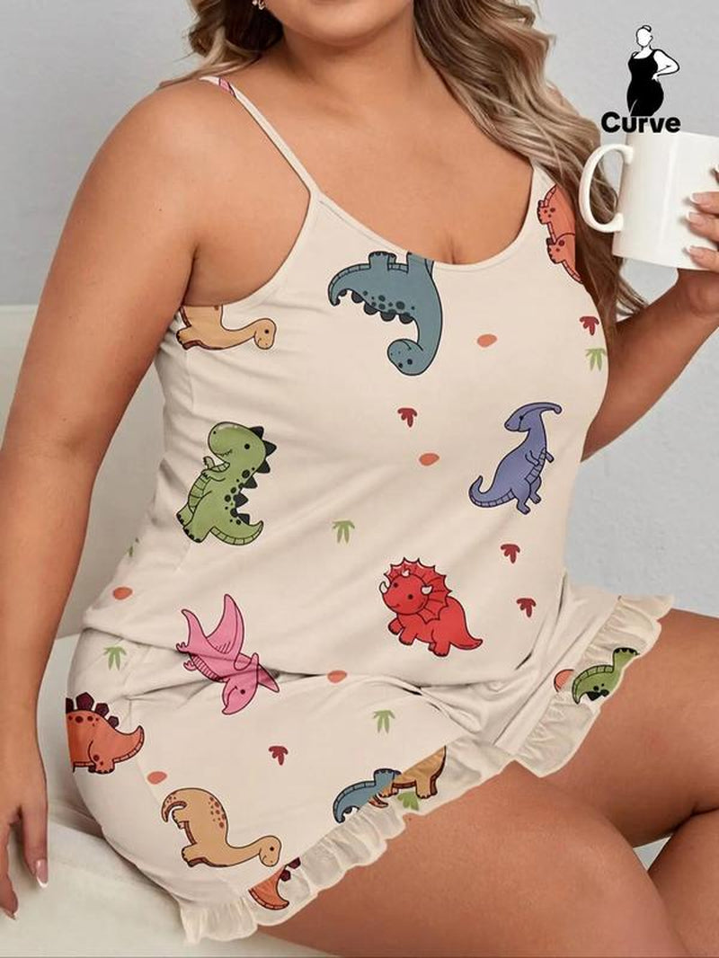 【Plus Size】 2 Pieces Dinosaur Print Cami Top & Ruffle Hem Elastic Waist Shorts Pyjama Set, Women Cute Nightwear, Summer Clothes Women, Comfy Sleeveless Top & Shorts Set, PJ Sets for Women, Summer Wear 2024, Back to School Clothing