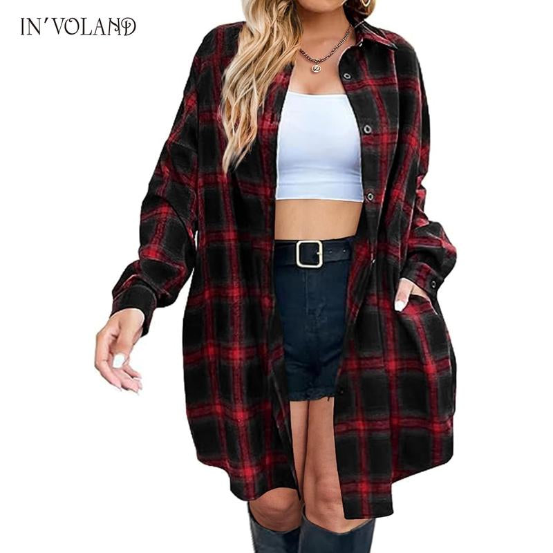 IN'VOLAND Womens plus Size Plaid Flannel Shirt Long Sleeve Button down Blouses Tops Shacket Jackets Coats with Pockets Chic Fashion Lightweight