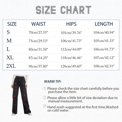 Embroidered Jeans for Women Cute Baggy Straight Leg Pants High Rise Washed Blue Black Denim Trouser (Black-3, 2XL)