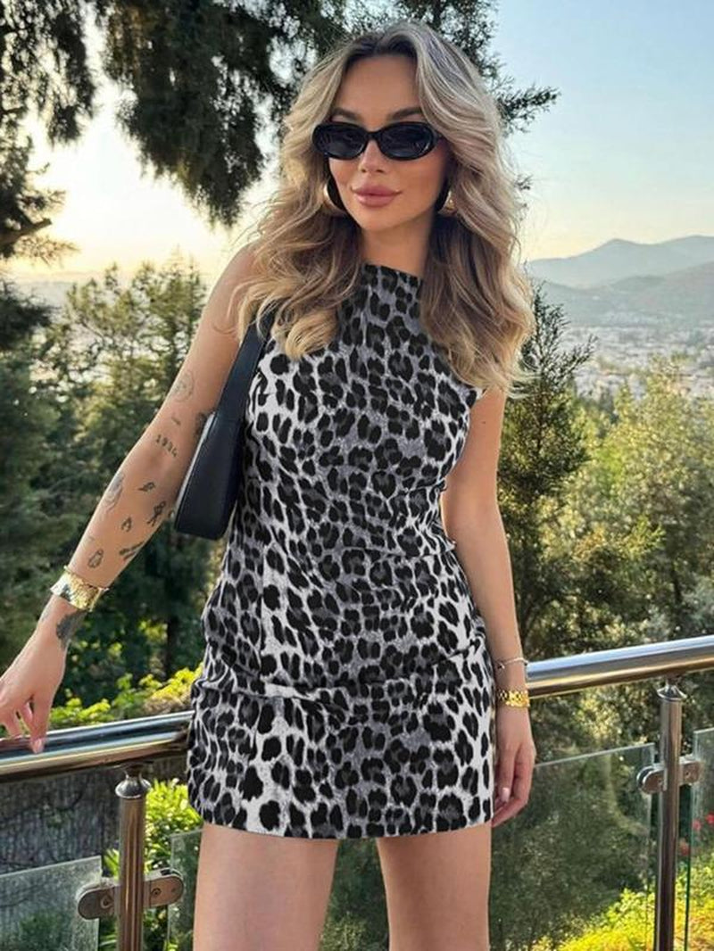 Women'S Leopard Print Boat Neck Bodycon Dress, Casual Sleeveless Mini Dress for Daily Outdoor Wear Back to School, Ladies Summer Casual Wear Clothes, Black Girl Outfits Frat Formal Valentine'S Day, Gift