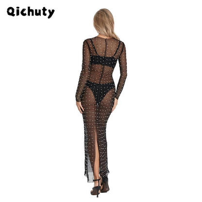 Women'S Pearl Rhinestone See through Cover up Dress Sexy Mesh Swimwear Modegal Swimsuit Bikini Beach Sunscreen Cover up Red plus Size