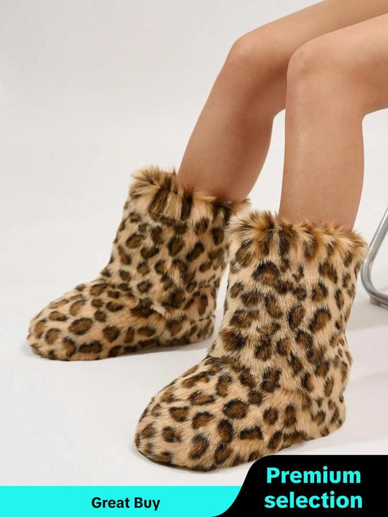 Women'S Leopard Pattern Fluffy Lined Snow Boot, 2024 New Comfortable Warm Fuzzy Boot for Fall & Winter Outfits 2024, Female All-Match round Toe, Winter Shoes for Daily Wear Winter Shoes Boot for Women