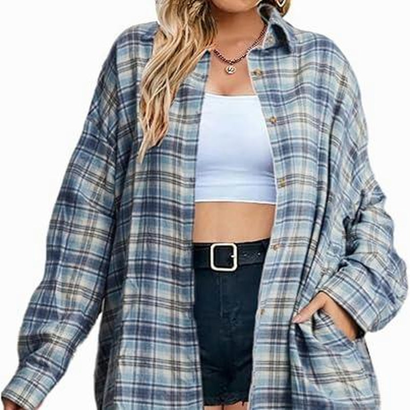 IN'VOLAND Womens plus Size Plaid Flannel Shirt Long Sleeve Button down Blouses Tops Shacket Jackets Coats with Pockets Chic Fashion Lightweight