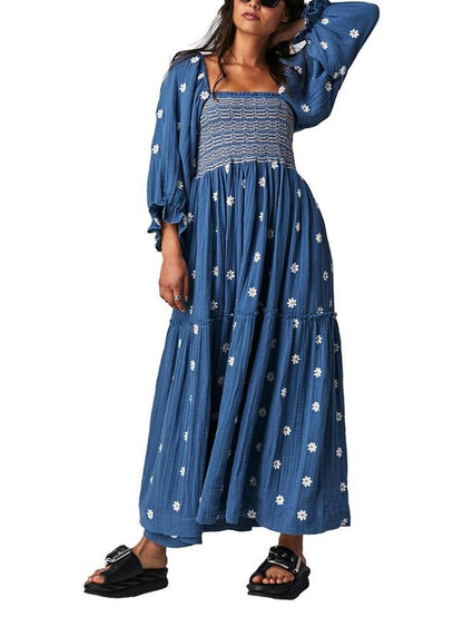 Women'S Floral Embroidery Frill Trim Shirred Flounce Sleeve Moo Moo Dresses, Dresses for Women, Boho Fashion Long Sleeve Square Neck a Line Dress for Daily Holiday Vacation Wear, Ladies Dress for All Seasons Summer Dress, Moo Moo for Women