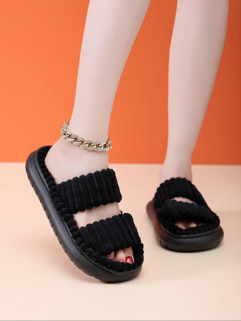 Casual Soft Double Strap Slipper for Women, 2024 New Stylish Plush House Shoes as Gift for Girlfriend, Minimalist Warm Home Slippers for Fall & Winter Wear