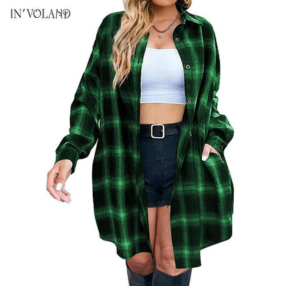 IN'VOLAND Womens plus Size Plaid Flannel Shirt Long Sleeve Button down Blouses Tops Shacket Jackets Coats with Pockets Chic Fashion Lightweight