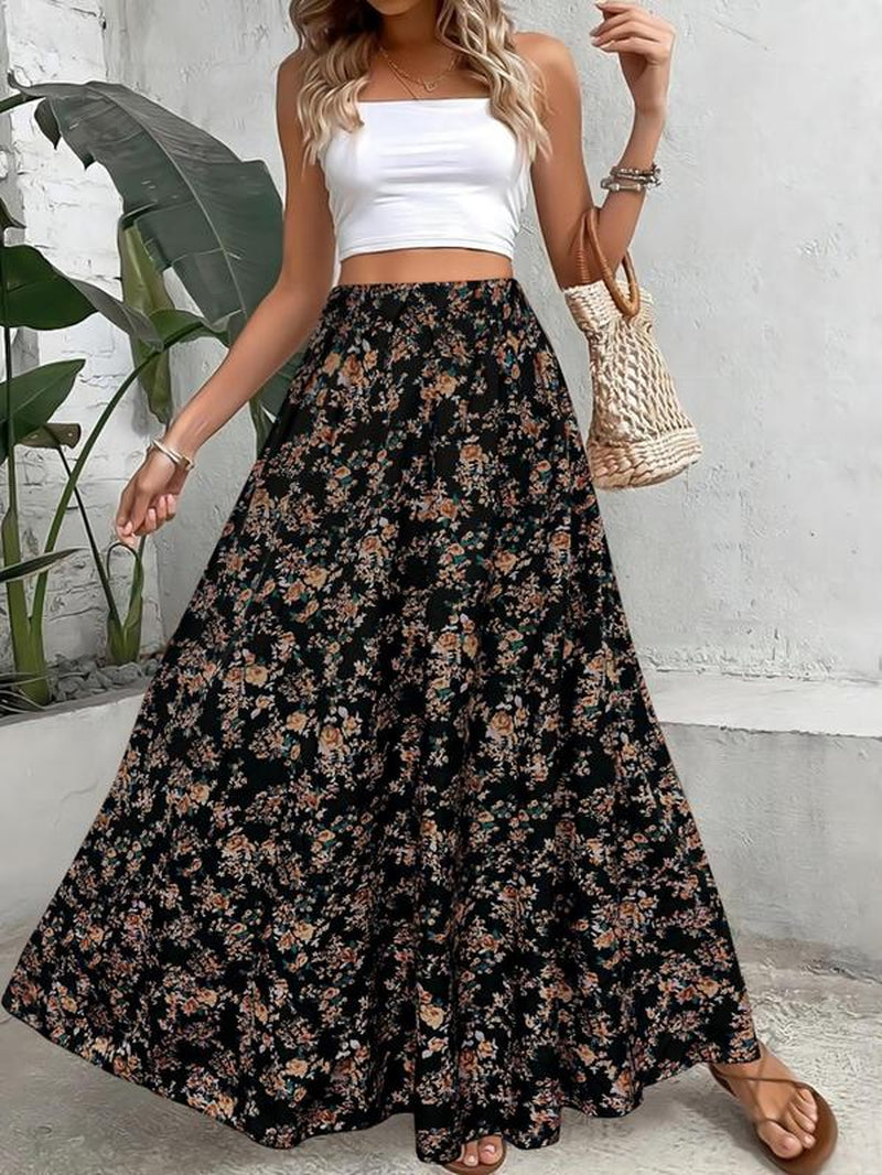 Women'S Ditsy Floral Print Elastic Waist a Line Skirt, Boho High Waist Long Skirt for Beach Holiday Vacation, Ladies Spring & Fall Clothes