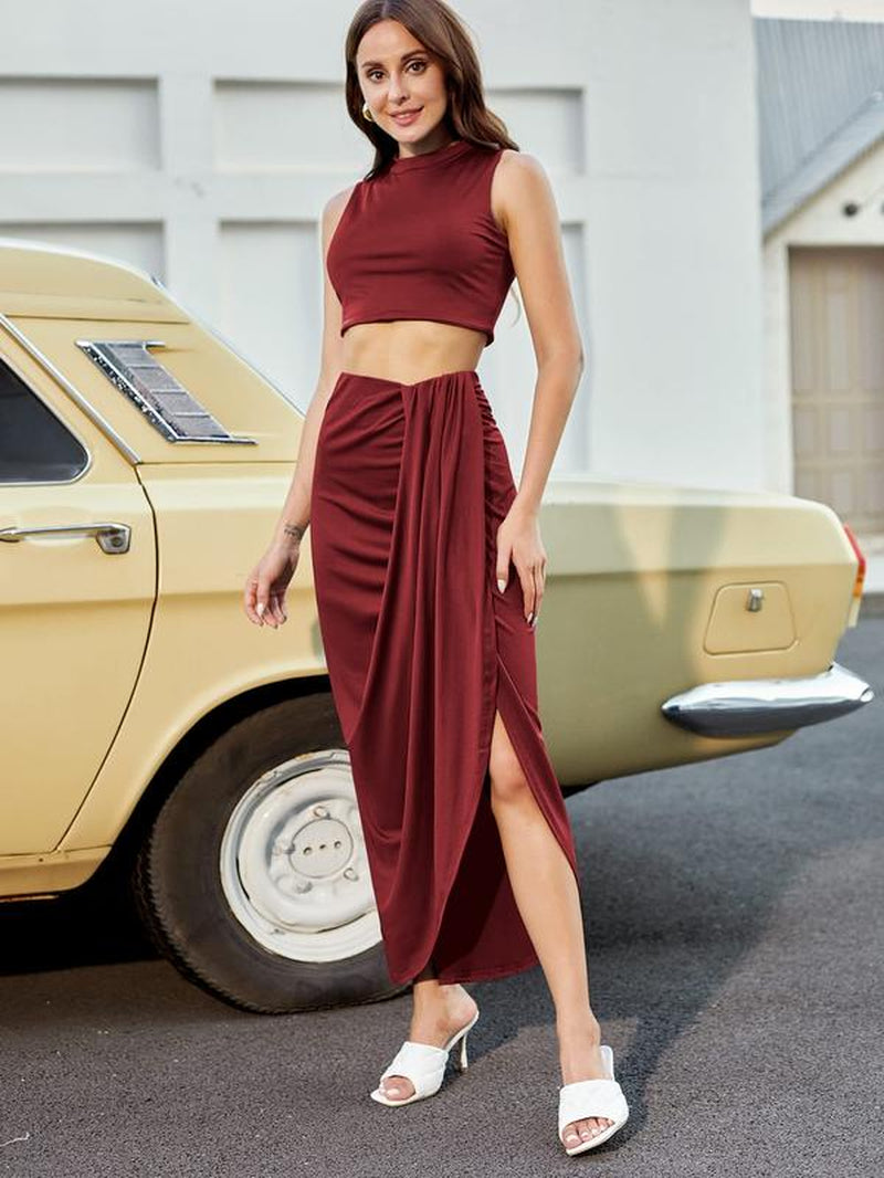 Women'S Casual Sleeveless Summer Two Piece Outfits Crop Top and Side Split Draped Ruched Maxi Skirt Set Solid Suiting Womenswear Overalls Knit 2Piece