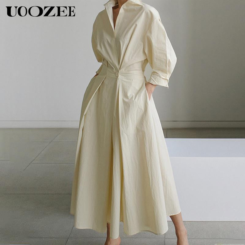 UOOZEE Women'S Long-Sleeved Loose Solid Color Lapel Mid-Length Dress, Waist Design, Comfortable and Elegant, a Must-Have for Commuting and Formal Occasions Casual Womenswear