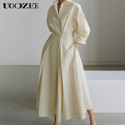 UOOZEE Women'S Long-Sleeved Loose Solid Color Lapel Mid-Length Dress, Waist Design, Comfortable and Elegant, a Must-Have for Commuting and Formal Occasions Casual Womenswear