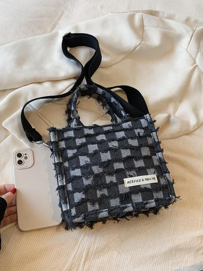 Checkerboard Pattern Raw Hem Design Handbag Tote Bag, 2024 New Style Luxury Designer Letter Patched Crossbody Shoulder Bag, Summer Trendy Gift Bag for Women