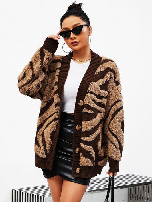 Women'S Zebra Stripe Print Button Front Cardigan, Fall Outfits, Fallfreshness Casual Drop Shoulder Long Sleeve V Neck Knitwear for Fall & Winter, Fashion Women'S Knit Clothing for Daily Wear