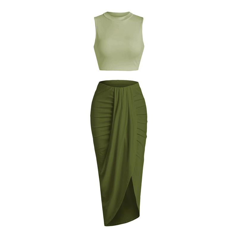 Women'S Casual Sleeveless Summer Two Piece Outfits Crop Top and Side Split Draped Ruched Maxi Skirt Set Solid Suiting Womenswear Overalls Knit 2Piece