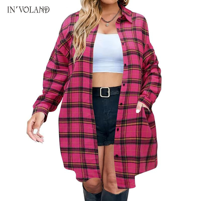 IN'VOLAND Womens plus Size Plaid Flannel Shirt Long Sleeve Button down Blouses Tops Shacket Jackets Coats with Pockets Chic Fashion Lightweight