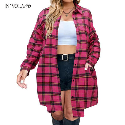 IN'VOLAND Womens plus Size Plaid Flannel Shirt Long Sleeve Button down Blouses Tops Shacket Jackets Coats with Pockets Chic Fashion Lightweight