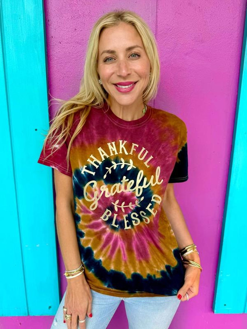 Fall Burst Thankful, Grateful Blessed Tie-Dye Tee