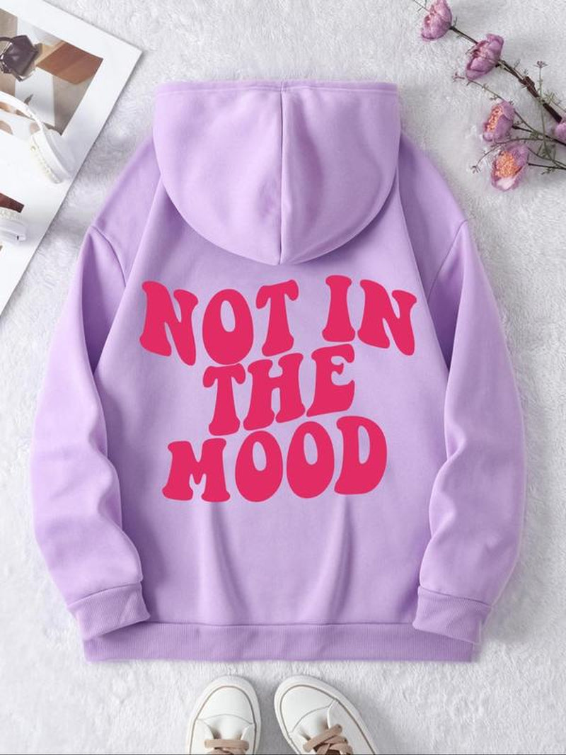 Women'S "Not in the Mood" Letter Print Drop Shoulder Graphic Hoodie, Drawstring Longsleeves Hooded Sweatshirt for Daily Wear, Essential Hoodies, Mean Girls Outfit, Graphic Hoodie, Fall Outfits 2024, Women'S Back to School Clothing for Spring & Fall