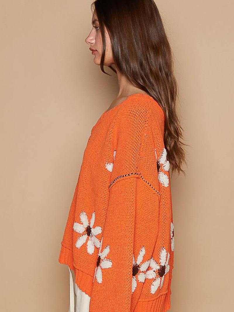 Pol Designed in V-Neck Long Sleeve, Relaxed Fit Top in Chenille with Outseam Rolling Edge Detailing, Berber Flower Print, Pullover Orange Sweater. Fall Sweater Oversized Sweater Everyday Womenswear Autumn Clothing